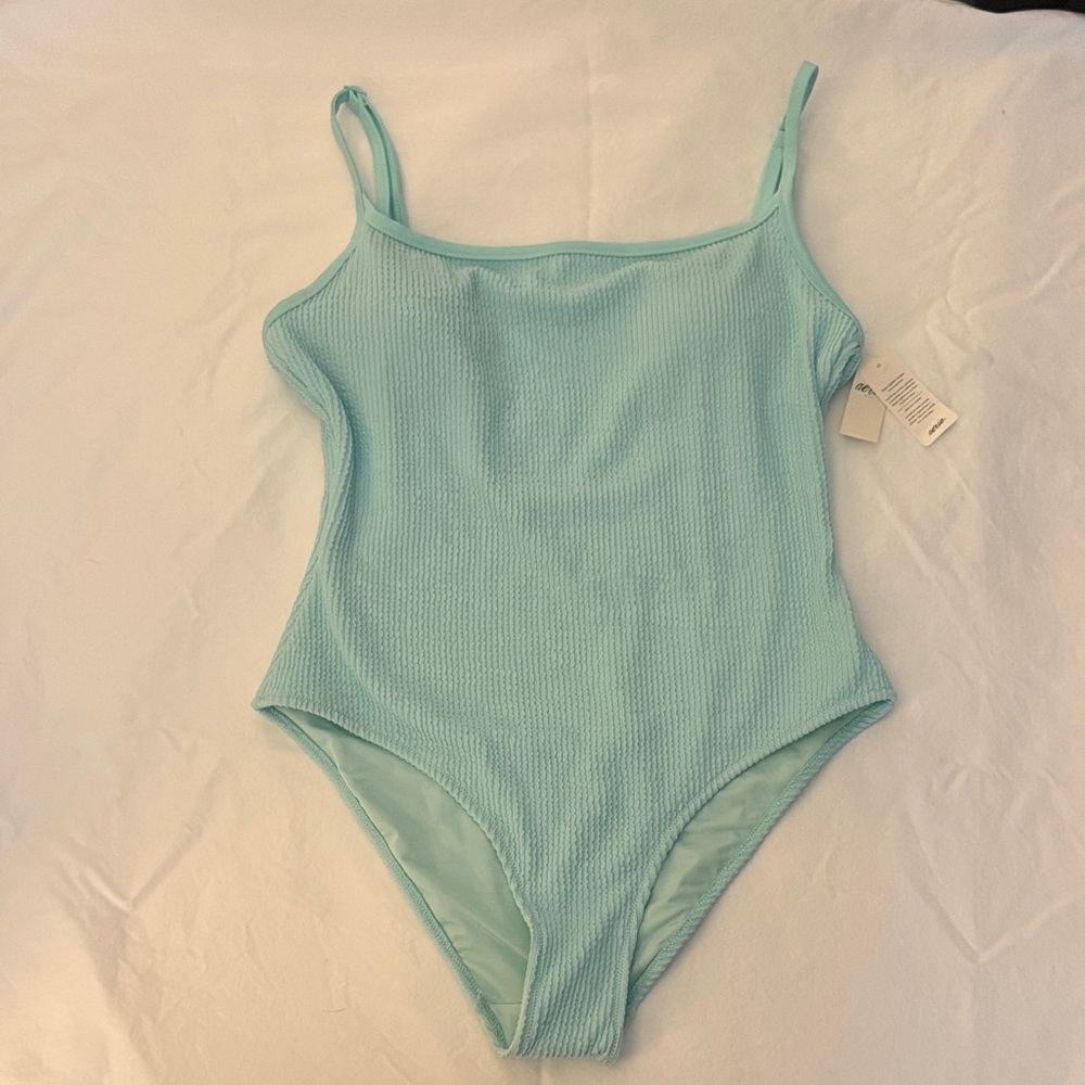 aerie Light Aqua Ribbed One-Piece Swimsuit